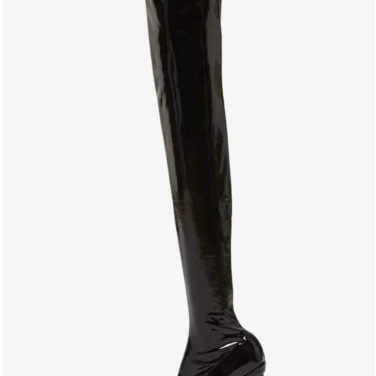 European and American New Knee-length Thigh Women's Boots Fashion Pointed Side Zipper Teeth High Heels Show Patent Leather Boots black