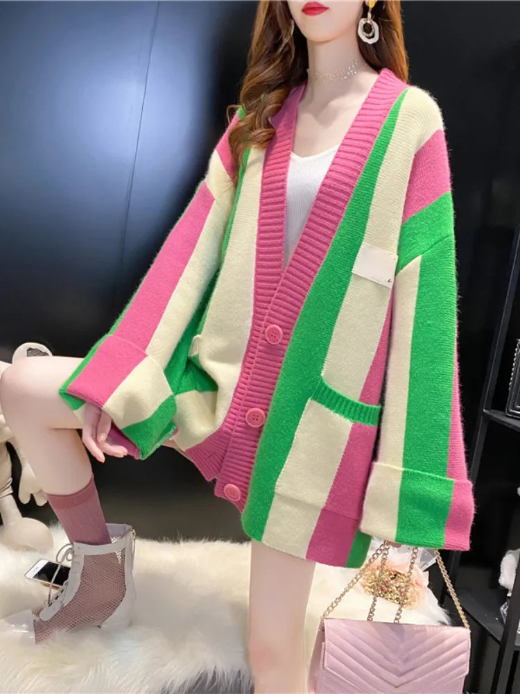 Cardigan Women 2024 Autumn Winter Loose Sweater Coat Stripe Color Matching Knitted Cardigan Long Sleeve Tops Women's Clothing Rose red