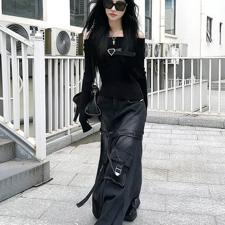 High Quality Black Denim Skirt Thin Office Lady Vintage Fashion Pockets Autumn Winter High Waist A-Line Skirt New Design Gothic