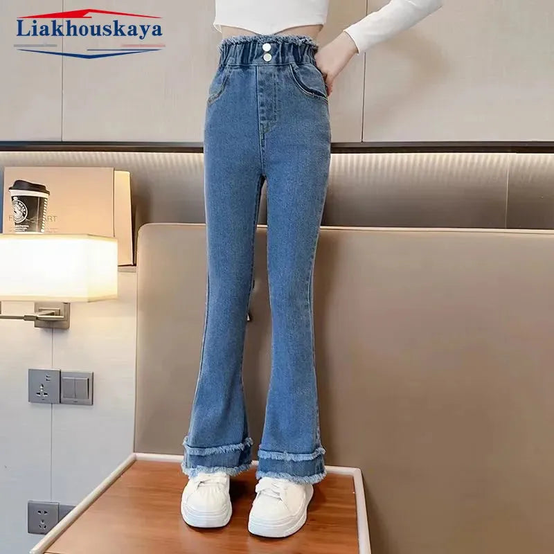 Girls Hole Sale Hanger Jeans Pants Kids Denim Trousers Casual Clothes For Teenagers Girl Spring Winter Trendy Children Clothes Bell bottoms Blue