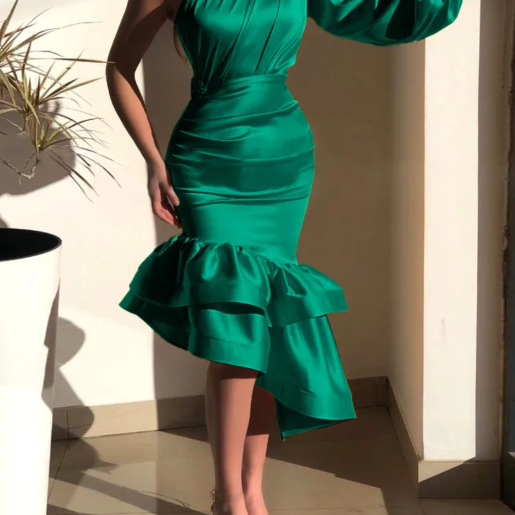 Green One Shoulder Dresses Elegant Women Long Sleeve Eimpire Bodycon Shiny Gowns Irregular Satin Outfit for Ladies Evening Party green