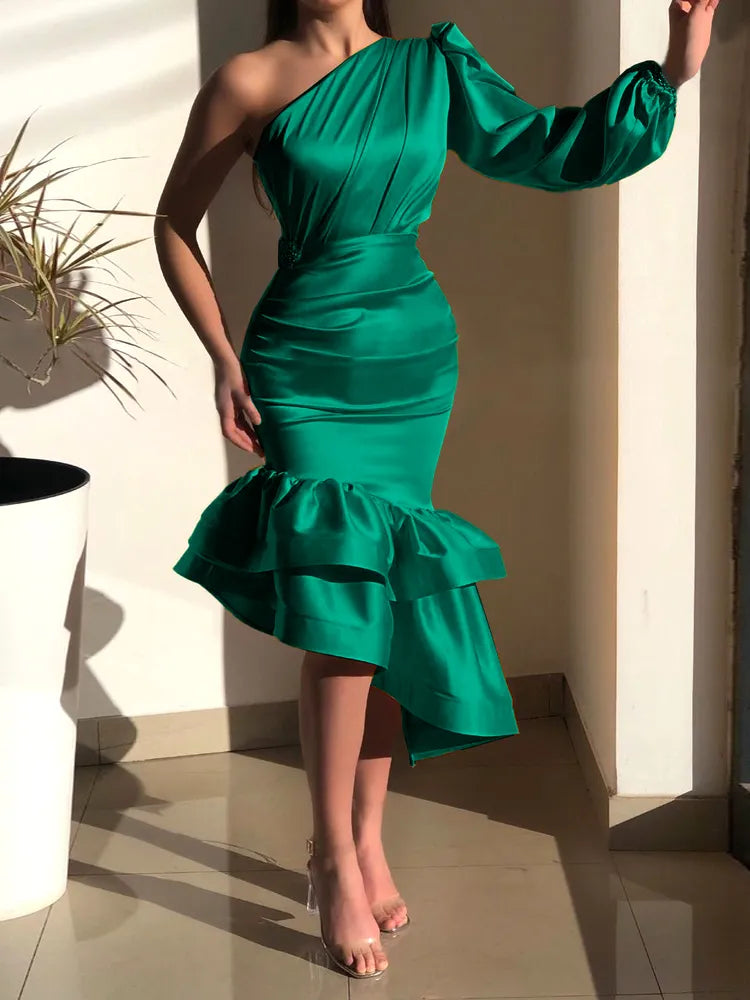 Green One Shoulder Dresses Elegant Women Long Sleeve Eimpire Bodycon Shiny Gowns Irregular Satin Outfit for Ladies Evening Party green