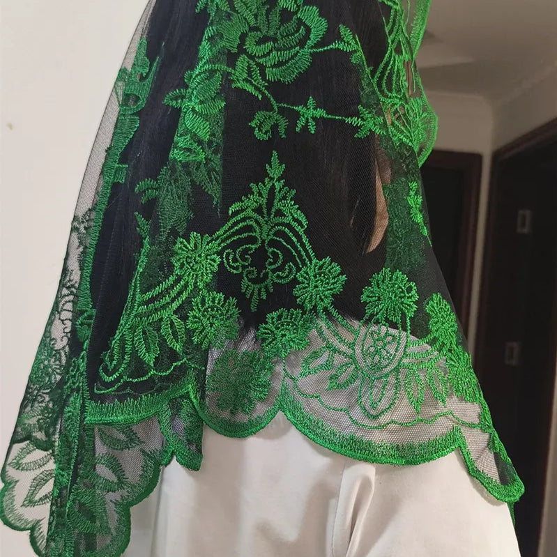 Women Head Covering Bridal Wedding Veil Lace Mantilla Cross Embroidery Church Catholic Veil