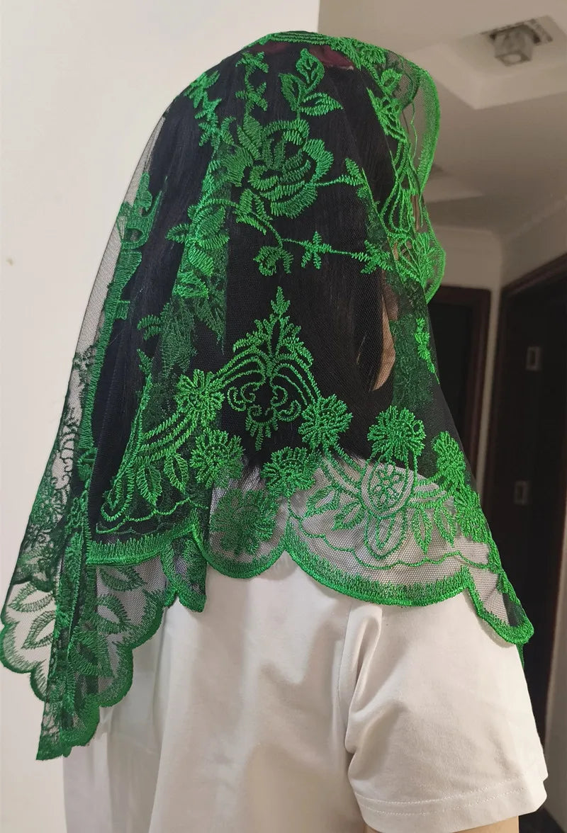 Women Head Covering Bridal Wedding Veil Lace Mantilla Cross Embroidery Church Catholic Veil
