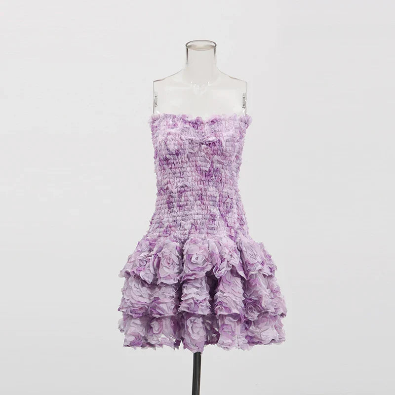 Vestidos temperamentais da moda com blocos de cores para mulheres, sem alças, sem mangas, patchwork, flores 3D, roupa feminina