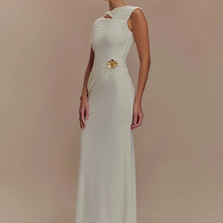 Hollow Out Gold Clasp Sexy Maxi Dress For Women Gown Solid Sleeveless Backless Ruched Bodycon Club Long Dress Elegant