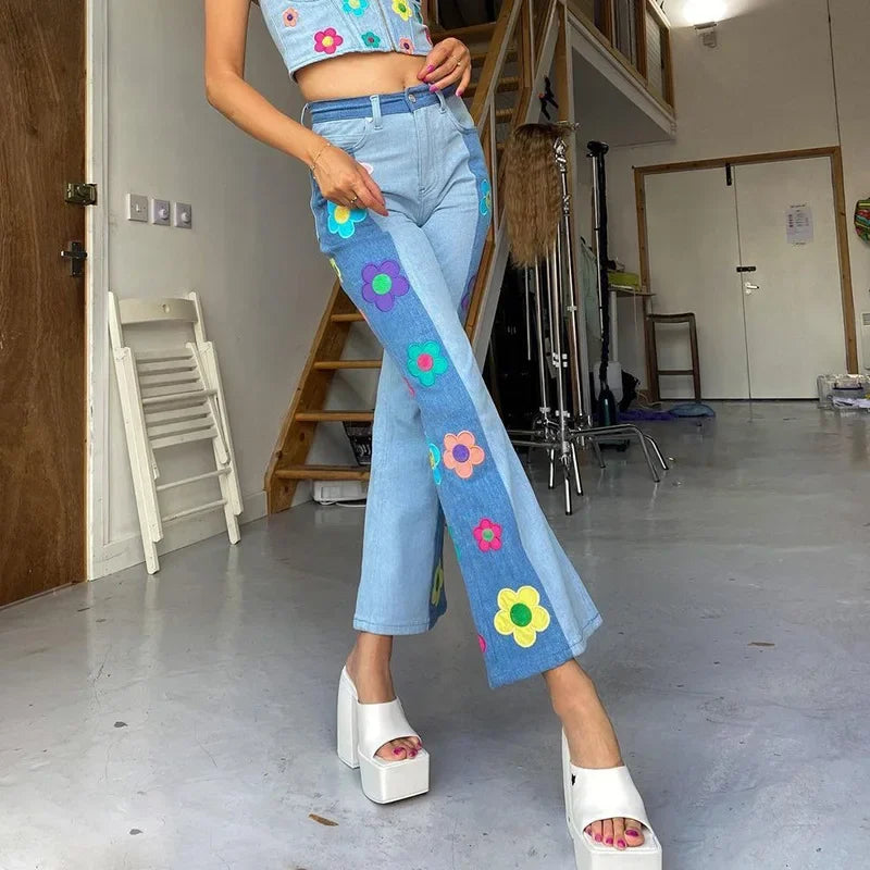 Women's Color Block Side Printed High Waist Bootcut Embroidered Trousers European and American Style Women's Pants Fashion Jeans Blue