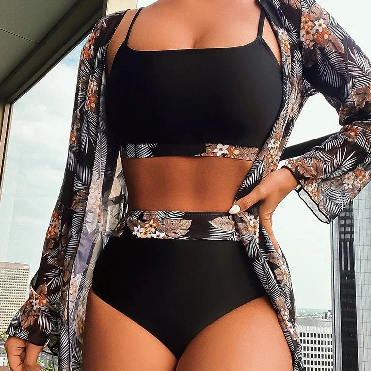 2024 New 3 Pieces Set High Waist Bikini Women Swimsuit&Kimono Bandeau Swimwear Sexy Cover Ups Floral Beachwear Bathing Suit black