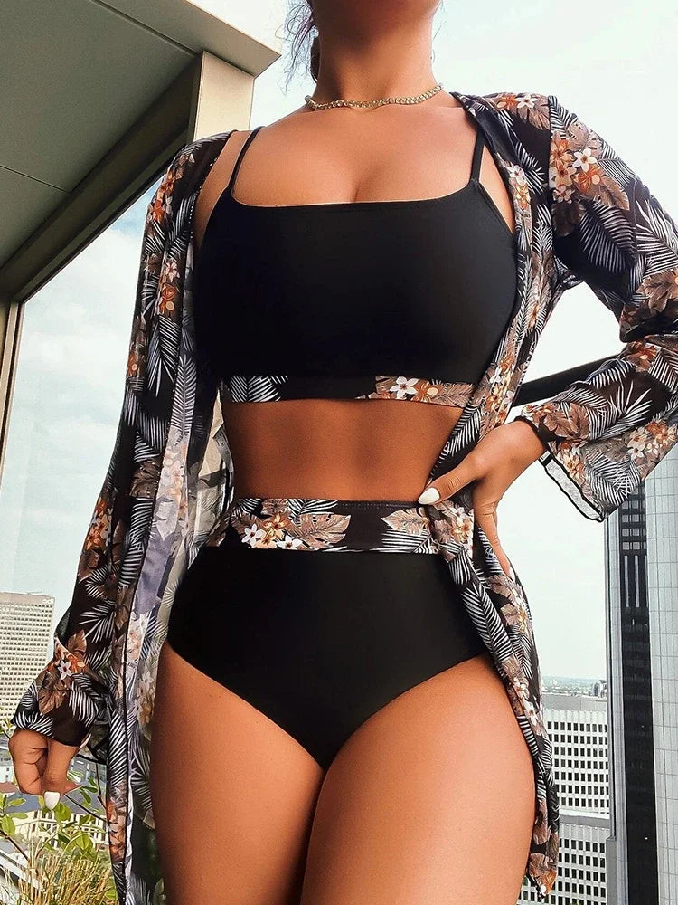 2024 New 3 Pieces Set High Waist Bikini Women Swimsuit&Kimono Bandeau Swimwear Sexy Cover Ups Floral Beachwear Bathing Suit black