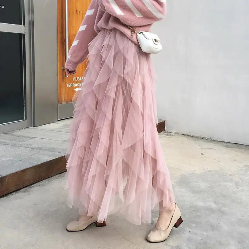 Long Maxi Skirt Women Fashion Korean Cute Pink High Waist Pleated Skirt Mesh Female Lady Aesthetic Faldas pink One Size