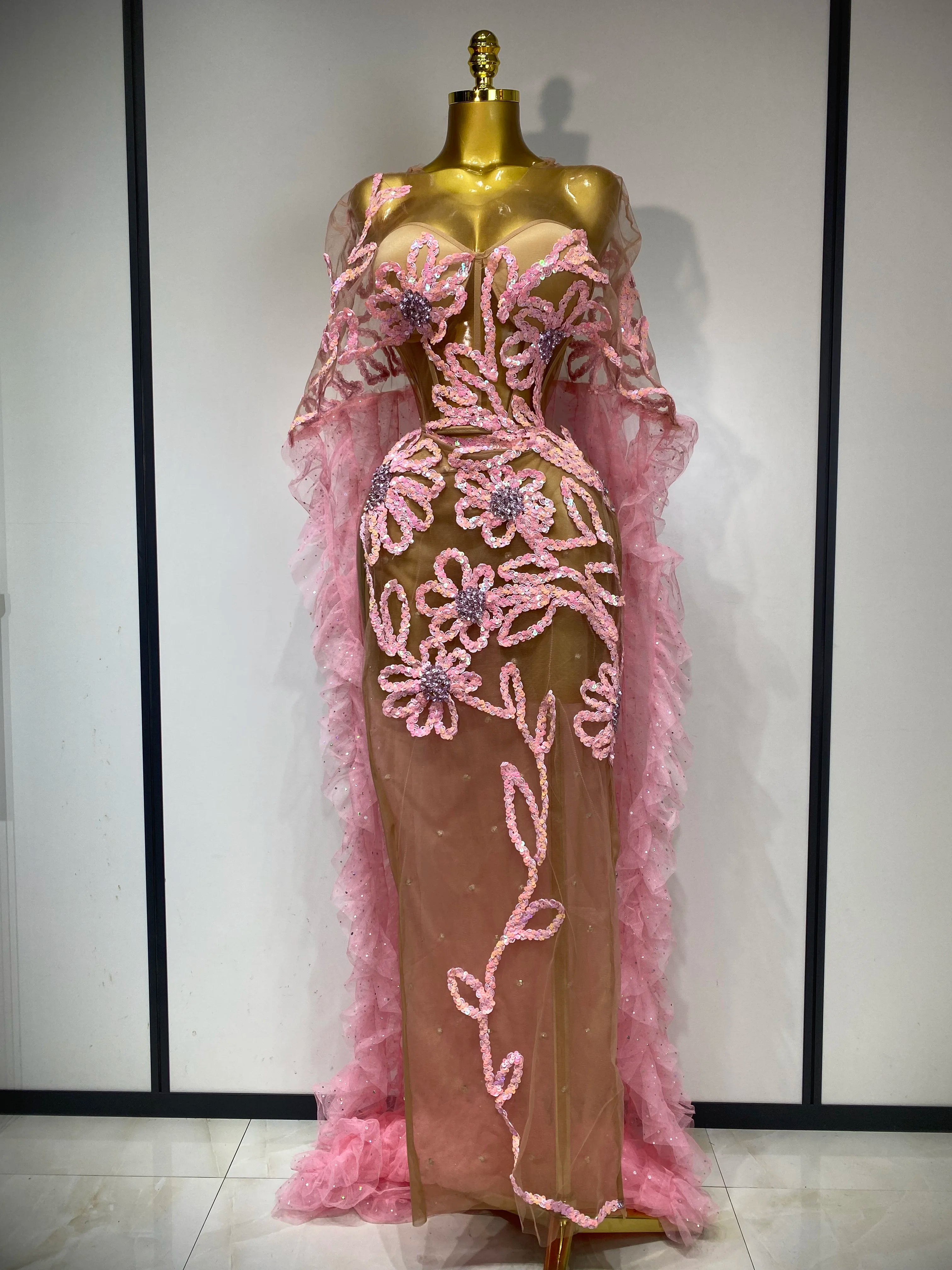 Women Sexy Mesh See Through Sequins Pink Maxi Long Dress Sparkly Sequin Evening Party Costume Stage Performance Birthday Dress