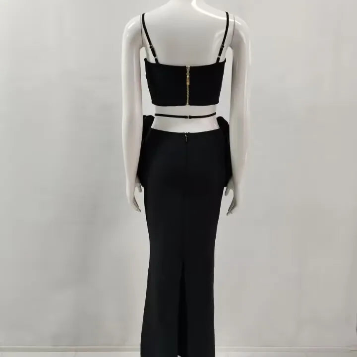 Black White Color Women Sexy Sleeveless V-Neck Bodycon 2 Pieces Bandage Long Dress Florals Celebrate Nightclub Party Outfit