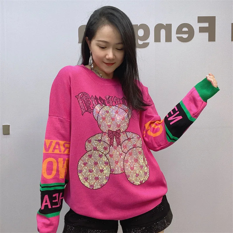 Fashion Cartoon Bear Rhinestone Long Sleeve Sweater Female New Round Neck Black Cotton Long knitted Sweater Pullover For Women