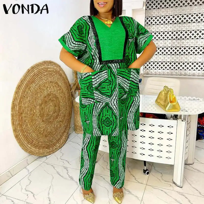 Plus Size 5XL Women Sets Summer Printing Loungewear Pants Sets VONDA 2024 Vintage Short Sleeve Tops Loose Pants Suits Two Piece