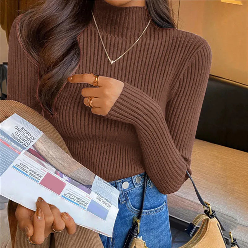 Winter Turtleneck Women's Sweater Knitted Pullover Soft Slim Long Sleeve Top Solid Color Basic High Neck Jumper Woman Clothing C-half neck-coffee One Size(40-65kg)