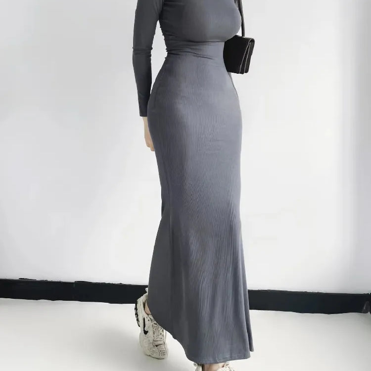 Sexy Square Collar Knitted Cotton Maxi Long Mermaid Dress Women Full Sleeve Stretch Basic Bodycon Fishtail Robe Vestido