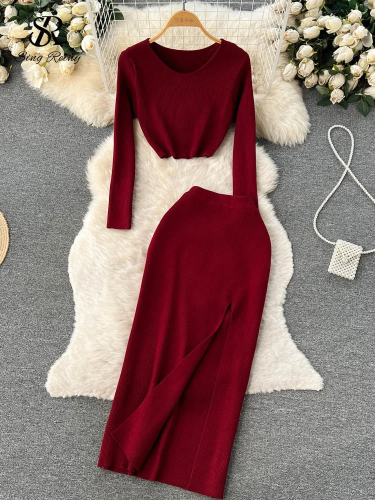 SINGREINY Autumn Sweater Two Pieces Suits Long Sleeves Knit Top+ Elatic Waist Slim Split Long Skirt Sets Women Warm Knitted Suit red One Size