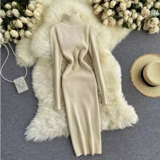 New Autumn Winter Women Knitted Dress Turtleneck Sweater Dresses Lady Slim Bodycon Long Sleeve Bottoming Dress Vestidos PP003 Beige One Size