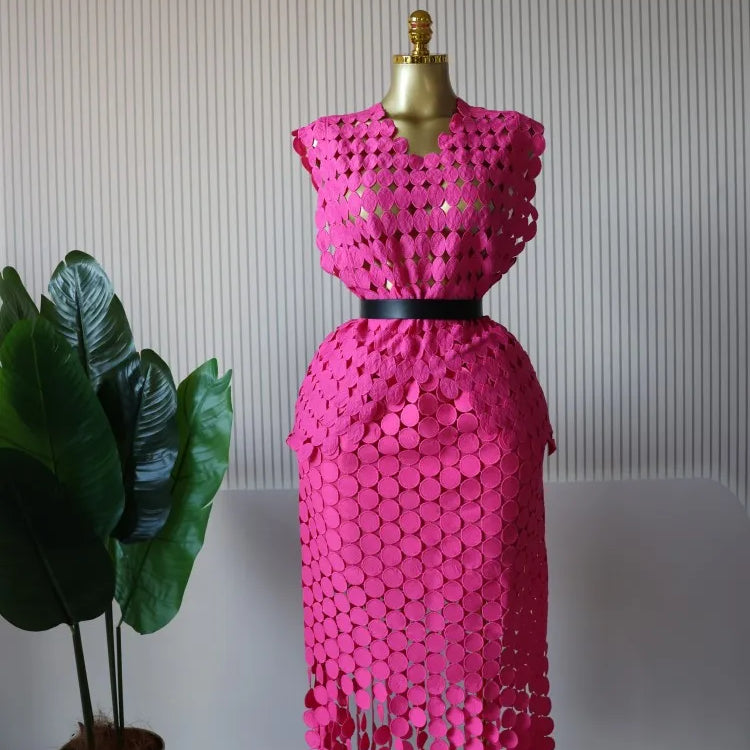 CM.YAYA Women Cutout O-neck Crop Top and Bodycon Midi Slim Maxi Long Skirt Suit 2025 Summer Vacation Sexy Two 2Piece Set Outfits Rose red-Rose r-belt One Size