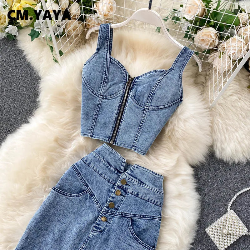 CM.YAYA Women Denim Sets Sleeveless Strap Crop Top and Long Skirts Suits 2024 Summer Jeans Streetwear Two 2 Piece Sets Outfits