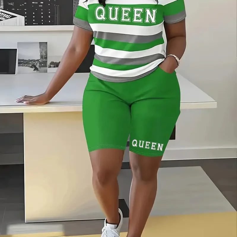 Plus Size Summer Outfits Biker Shorts Set Crew Neck Short Sleeve Positioning Printing Queen Plus Size 2 Piece Set Women