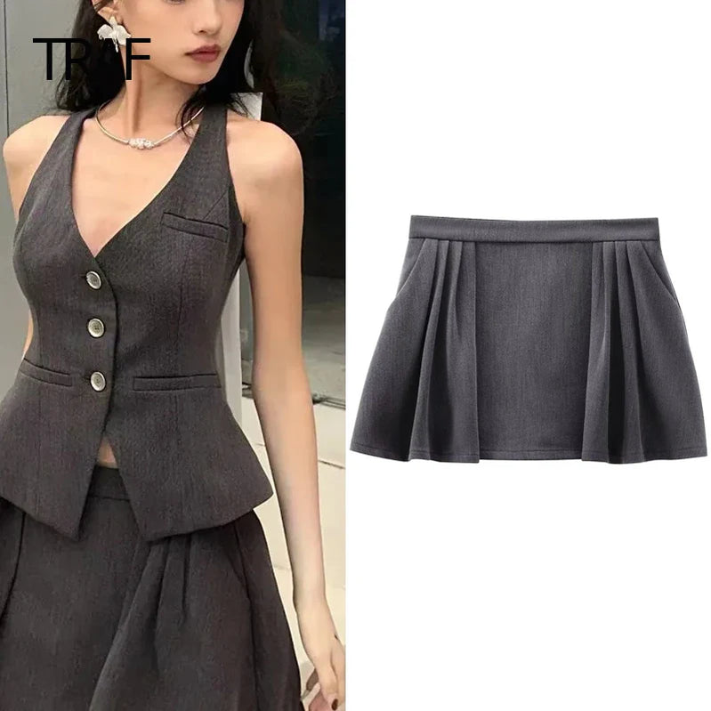 TRAF Women's Shorts Spring Summer Mini Pleated Culotte Grey High Waist Short Skirt Korean Style Culotte Casual Cargo Short Lady