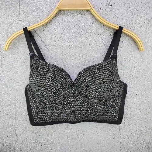 Rhinestone Bead Bustier Corset Pearls Diamond Push Up Night Club Bralette Women's New Fashion Bra Cropped Tops Plus Size Black on black