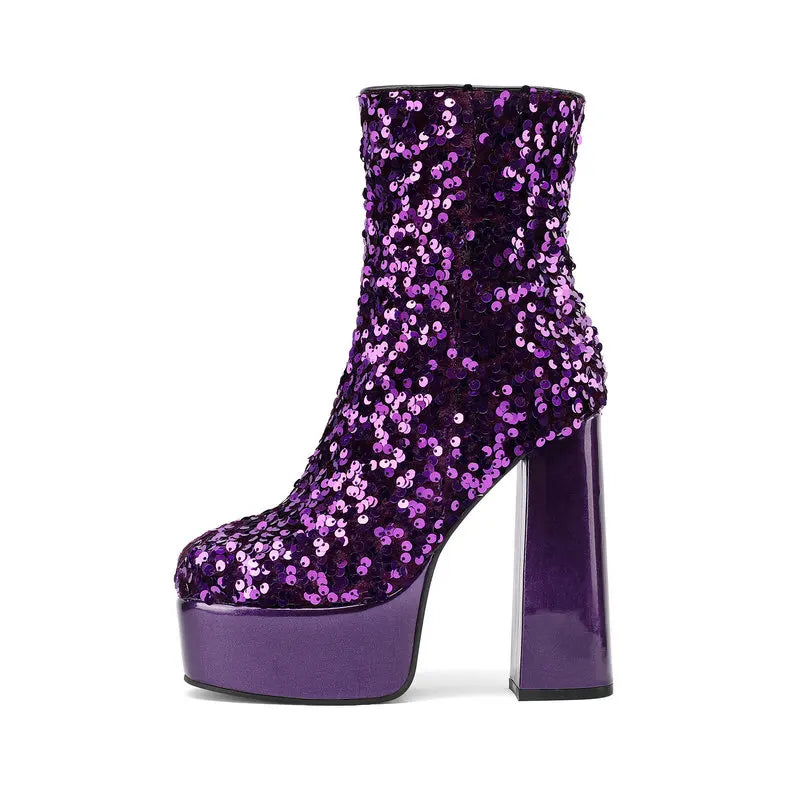 New Fashion Sequined Women Boots Platform Square High Heel Ankle Boots Autumn Winter Female Punk Boots Purple Blue Pink Gold PURPLE