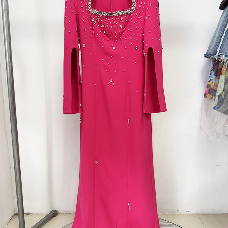 TWOTWINSTYLE Solid Slimming Spliced Bead Luxurious Dresses for Women Square Neck Long Sleeves Patchwork Split Dress Femlae New