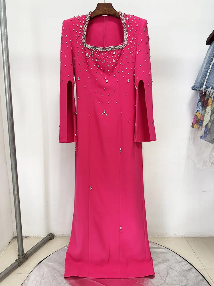 TWOTWINSTYLE Solid Slimming Spliced Bead Luxurious Dresses for Women Square Neck Long Sleeves Patchwork Split Dress Femlae New