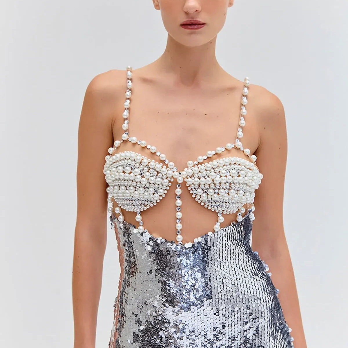 Fashionable Haute Couture  Woman Evening Dress  Pearl Sliver Sequins Spaghetti Strap Long Dress  Celebrity Birthday Party Outfit