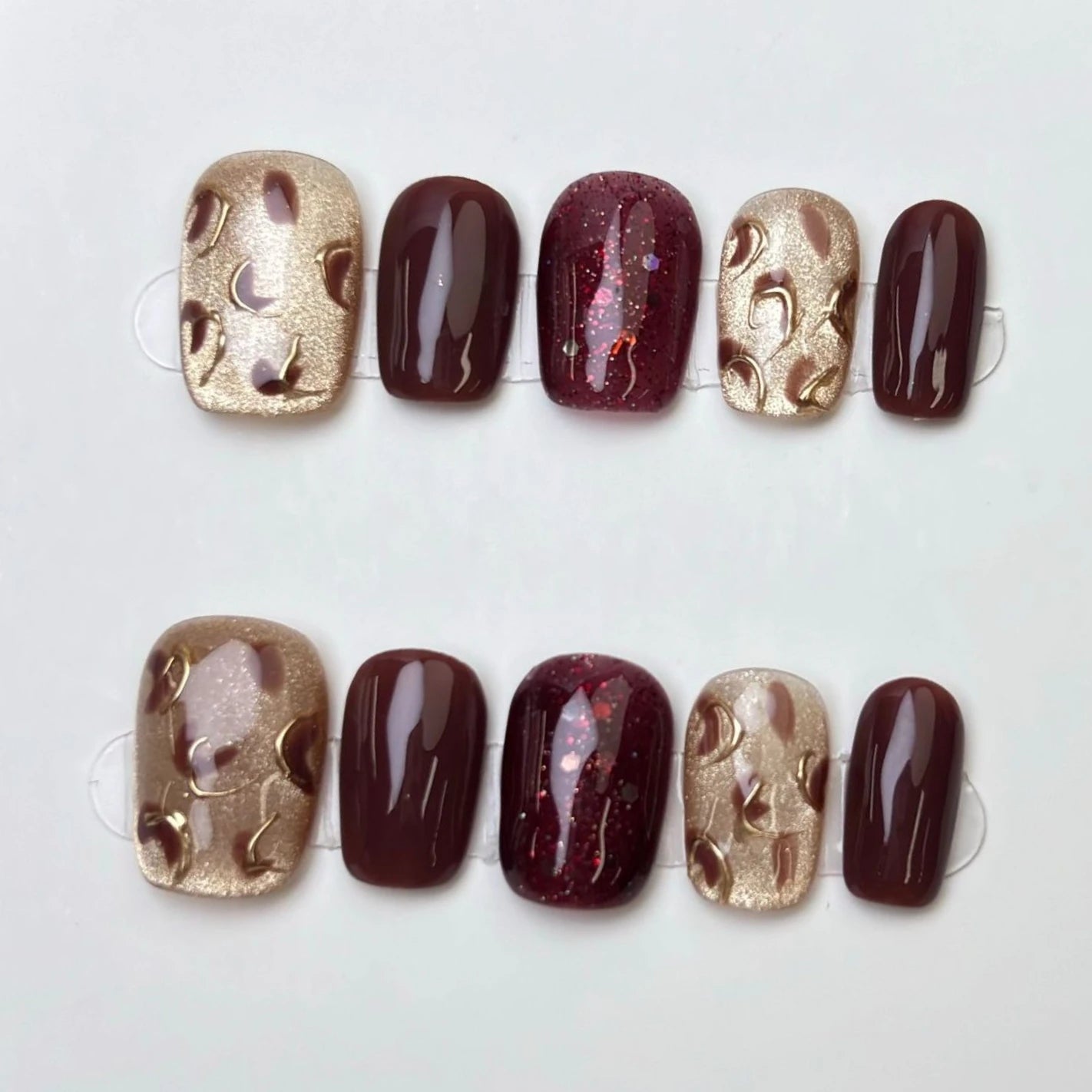 10Pcs Wine Red False Nails Handmade Short Cute Autumn Cat Eye Decoration Simple Full Cover Press on Nails Wearing Nail Set Tools