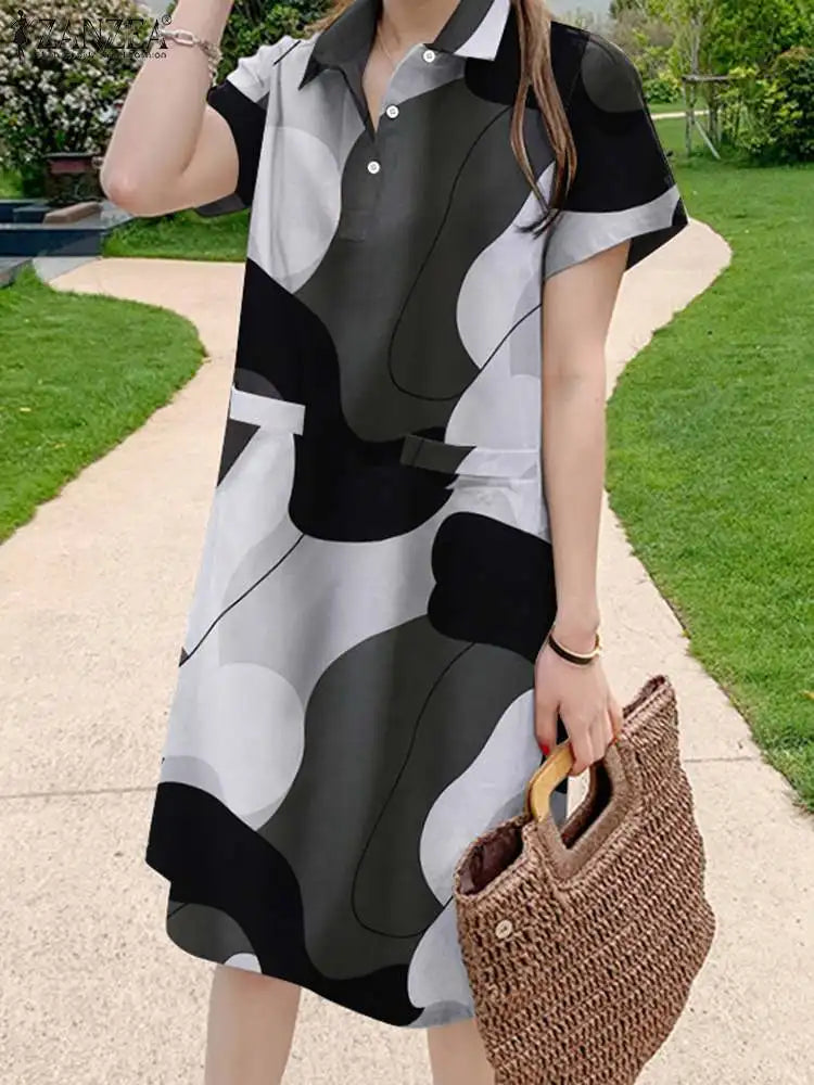 Casual Floral Print Dresses Women Holiday Short Sleeve Vestidos Oversize Shirt Robe Elegant Summer Mini Sundress black