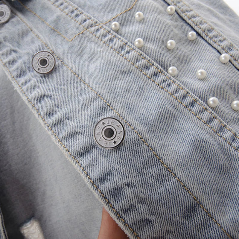 Women's Korean Style Lace Beaded Denim Vest Denim Waistcoat Fashion Cardigan Sleeveless Cropped Top Loose Plus Size Ripped Vest