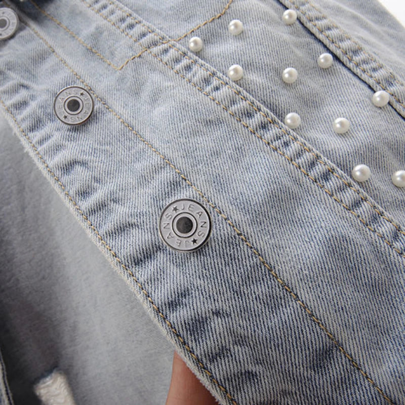 Women's Korean Style Lace Beaded Denim Vest Denim Waistcoat Fashion Cardigan Sleeveless Cropped Top Loose Plus Size Ripped Vest