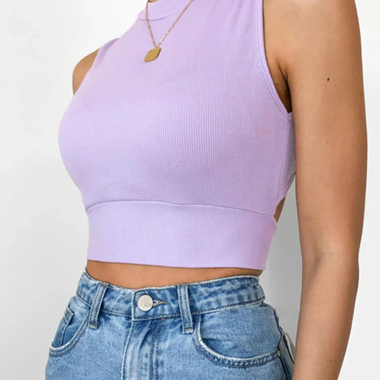 Sexy backless women tank top bandage slim crop top summer casual streetwear tops solid cotton soft criss cross top PURPLE