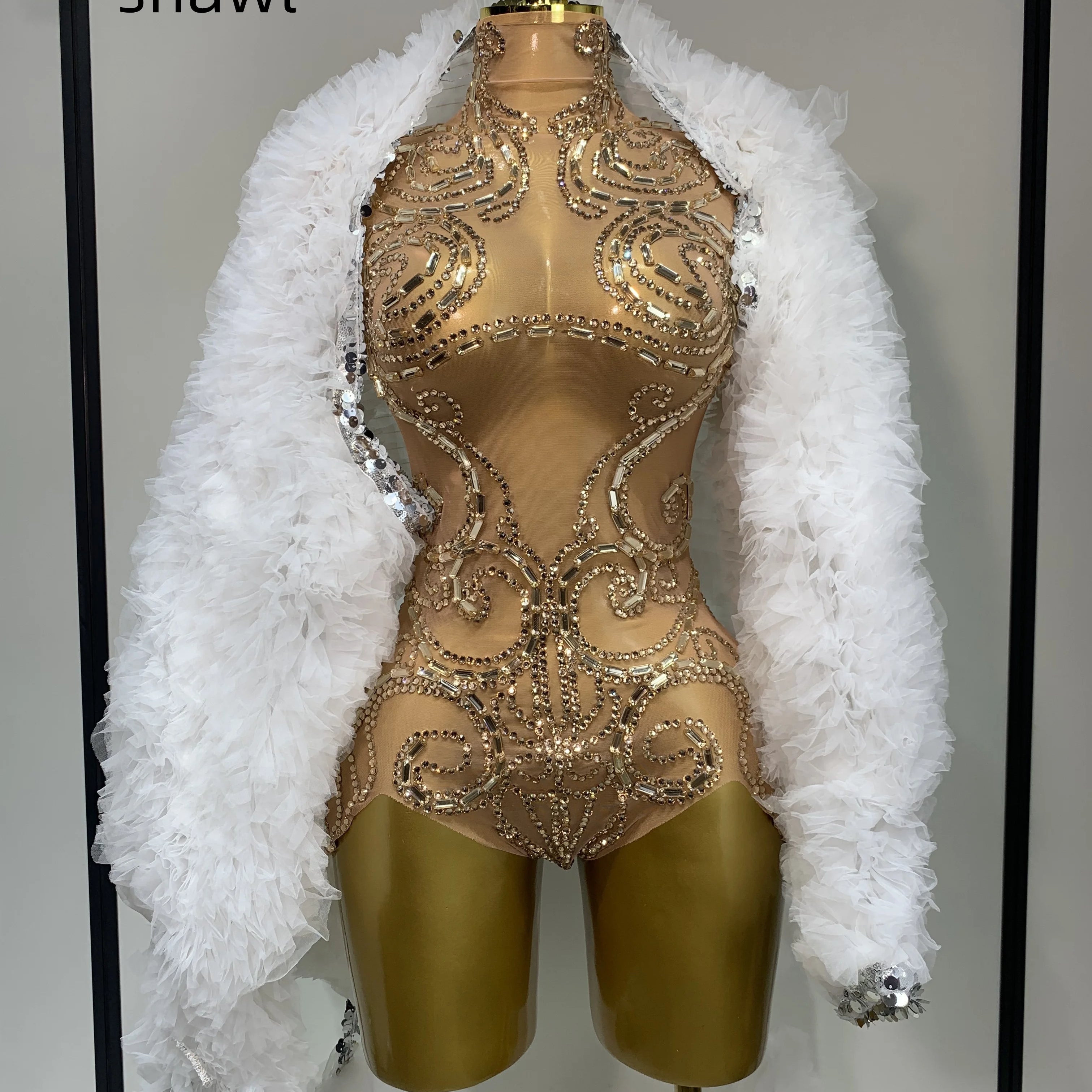 Shining Rhinestone Bodysuit Sexy Mesh See Through Dancer Birthday Evening Party Celebrate Performance Nightclub Stage Outfit