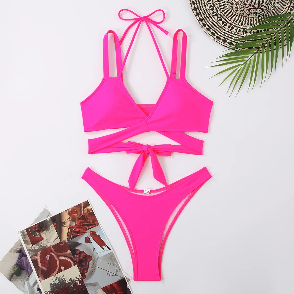 Women Strap Ties Bikini Set Female Solid Sexy Swimsuit 2 Pieces Sexy Swimwear Beach Outfits Damen Bathing Suit Push Up Rose