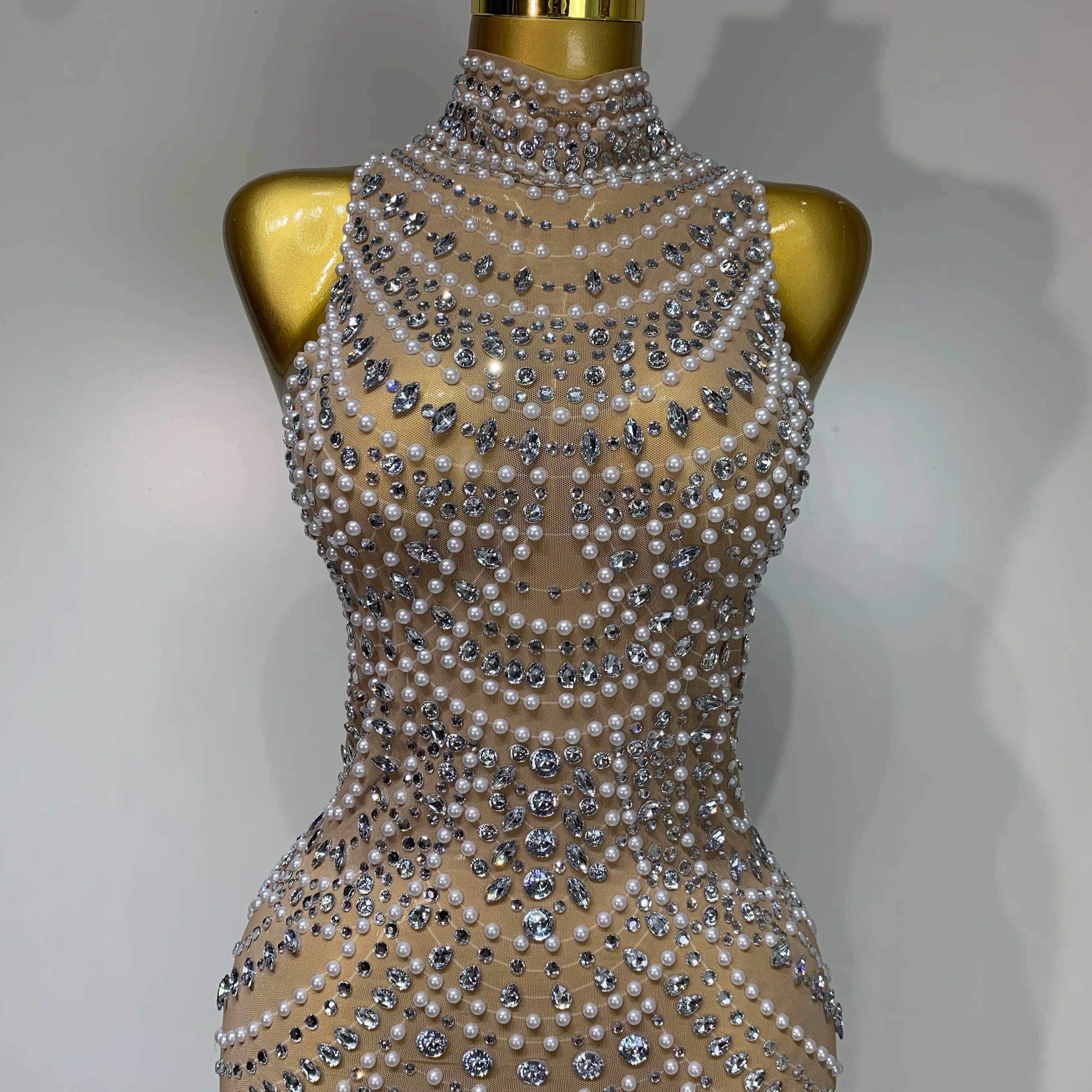 Elegant Sexy Sparkly Pearl Rhinestone Sleeveless Long Dress Women Birthday Party Evening Prom Wedding Luxury Photoshoot Outfits