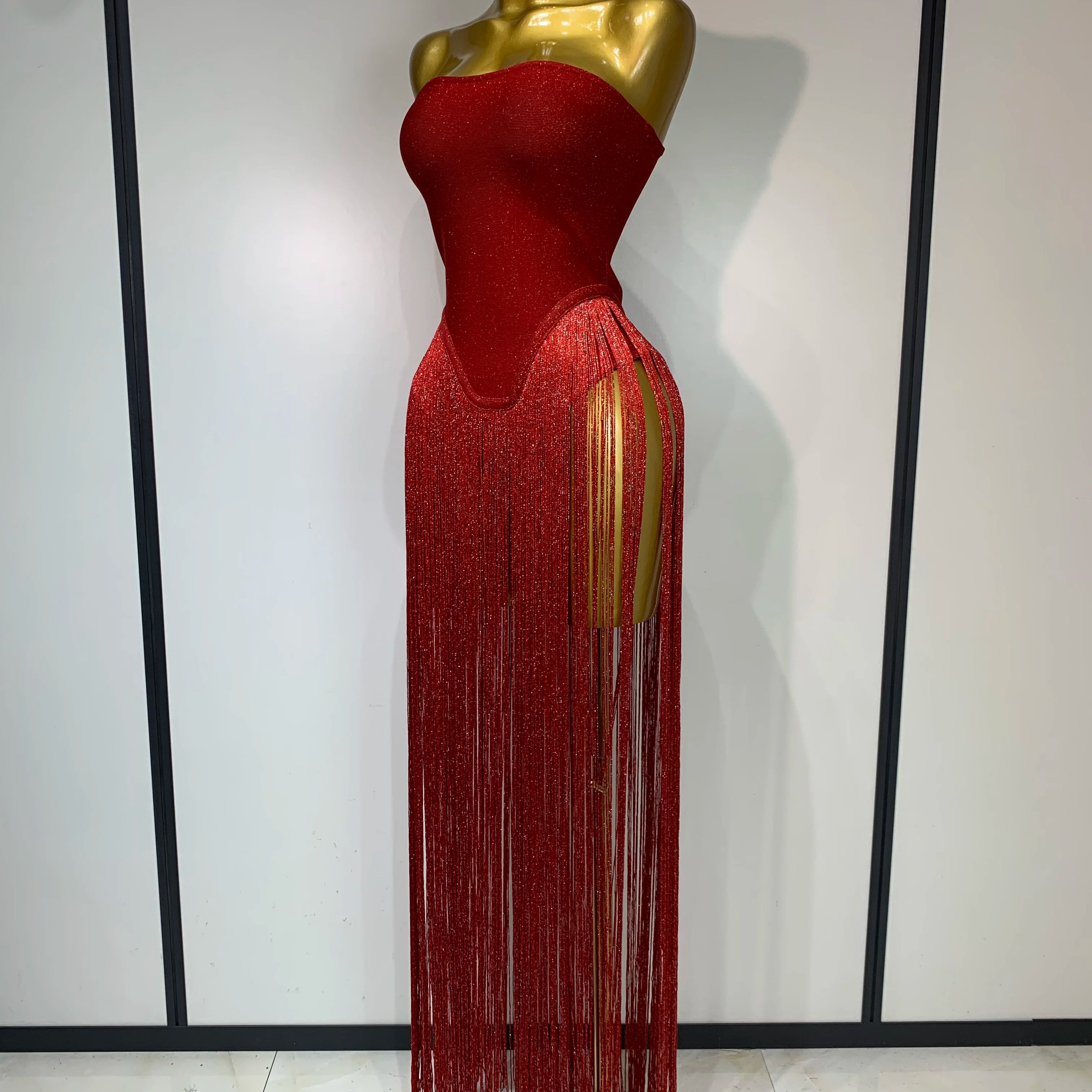 Fashion Design Long Tassel Patchwork Strapless Bandage Bodysuit Women Sexy High Street Evening Party Nightclub Hotwife Outfit