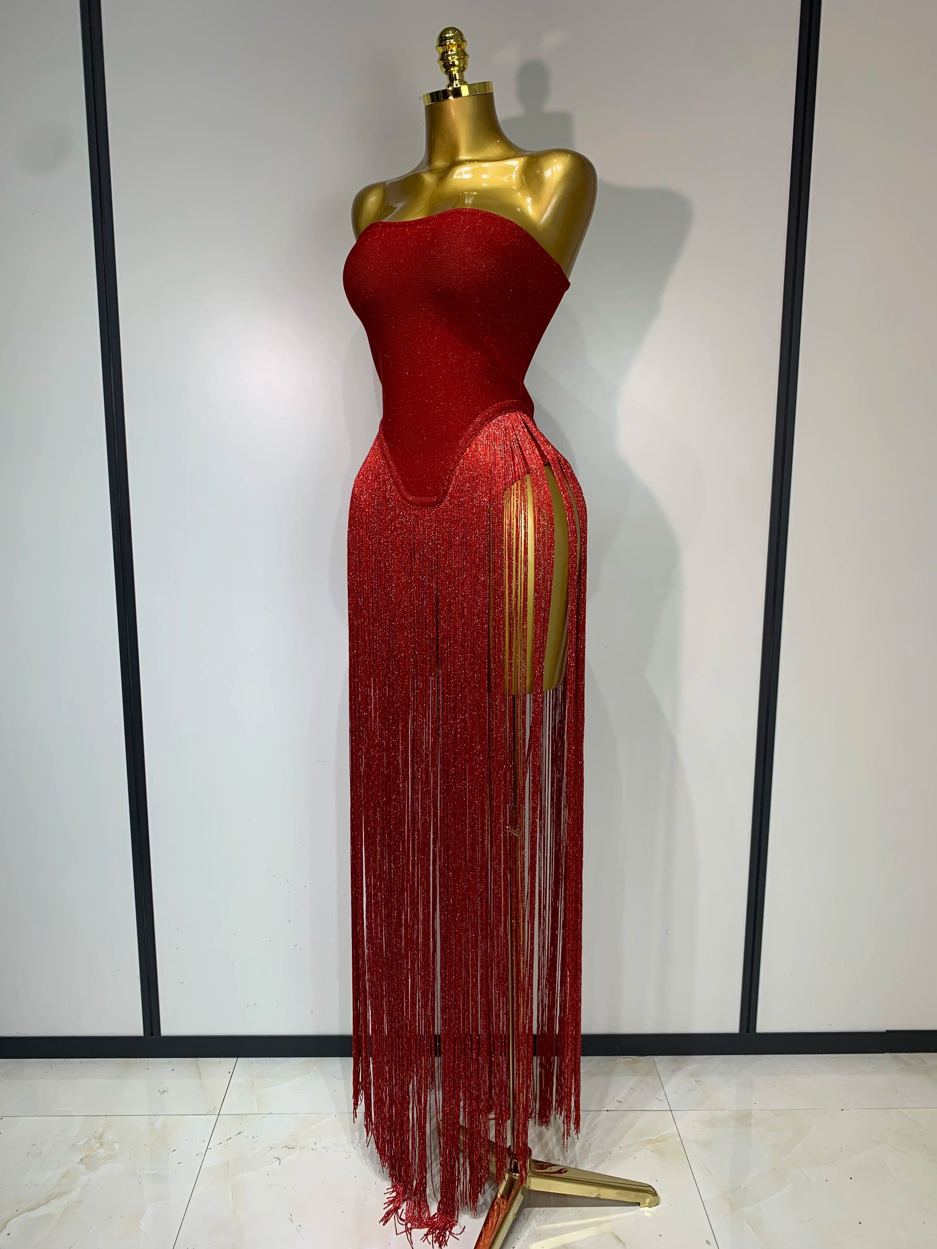 Fashion Design Long Tassel Patchwork Strapless Bandage Bodysuit Women Sexy High Street Evening Party Nightclub Hotwife Outfit