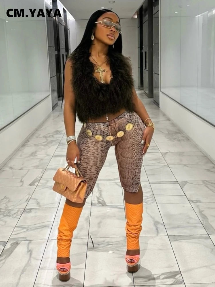 CM.YAYA Women Fashion Sexy Party Clubwear Mesh See Though Pants Capris 2025 Summer Leopard Print Leggings Street Trousers