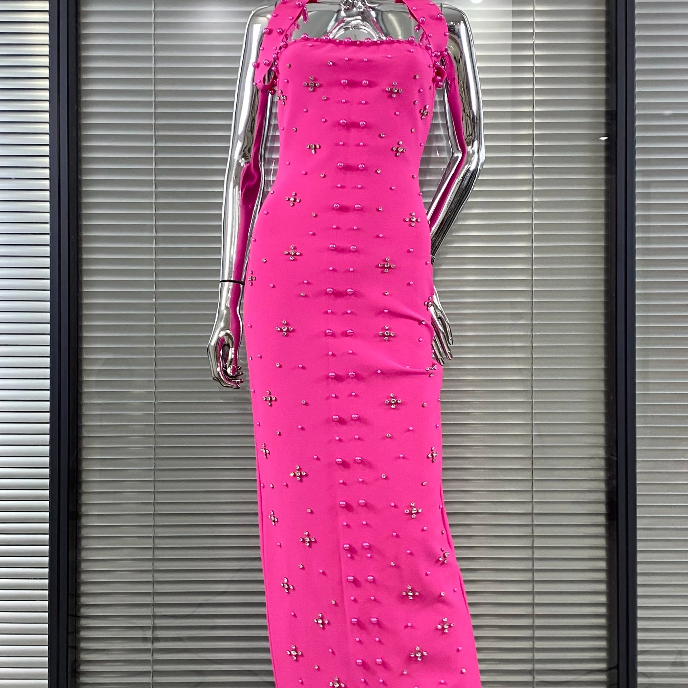 Luxury Shining Diamond Pearl Beading Halter Ankle Length Bandage Dress Elegant Woman Evening Party Vestido Birthday Party Outfit