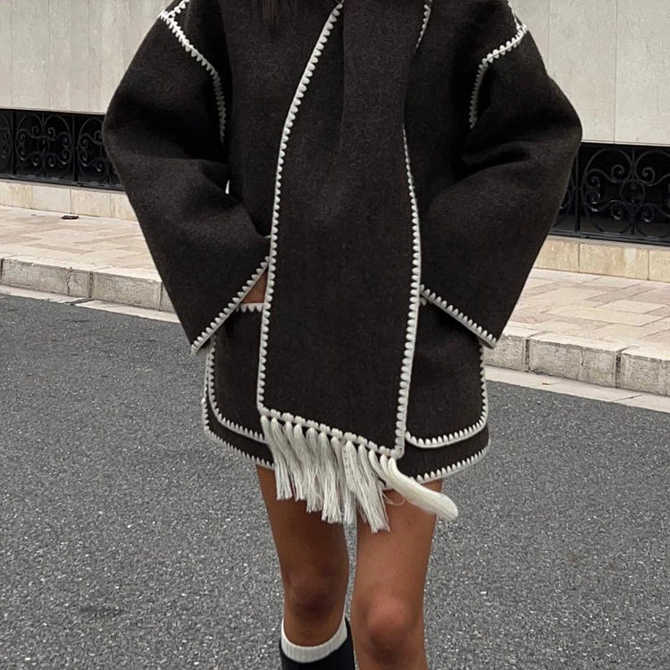 Fashion Embroidery Coat With Scarf For Women Long Sleeve Pockets Jacket Female Autumn Single Breasted Loose Lady Streetwear