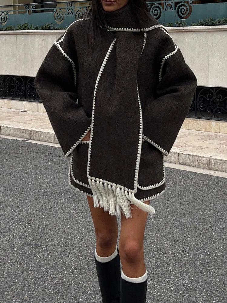 Fashion Embroidery Coat With Scarf For Women Long Sleeve Pockets Jacket Female Autumn Single Breasted Loose Lady Streetwear