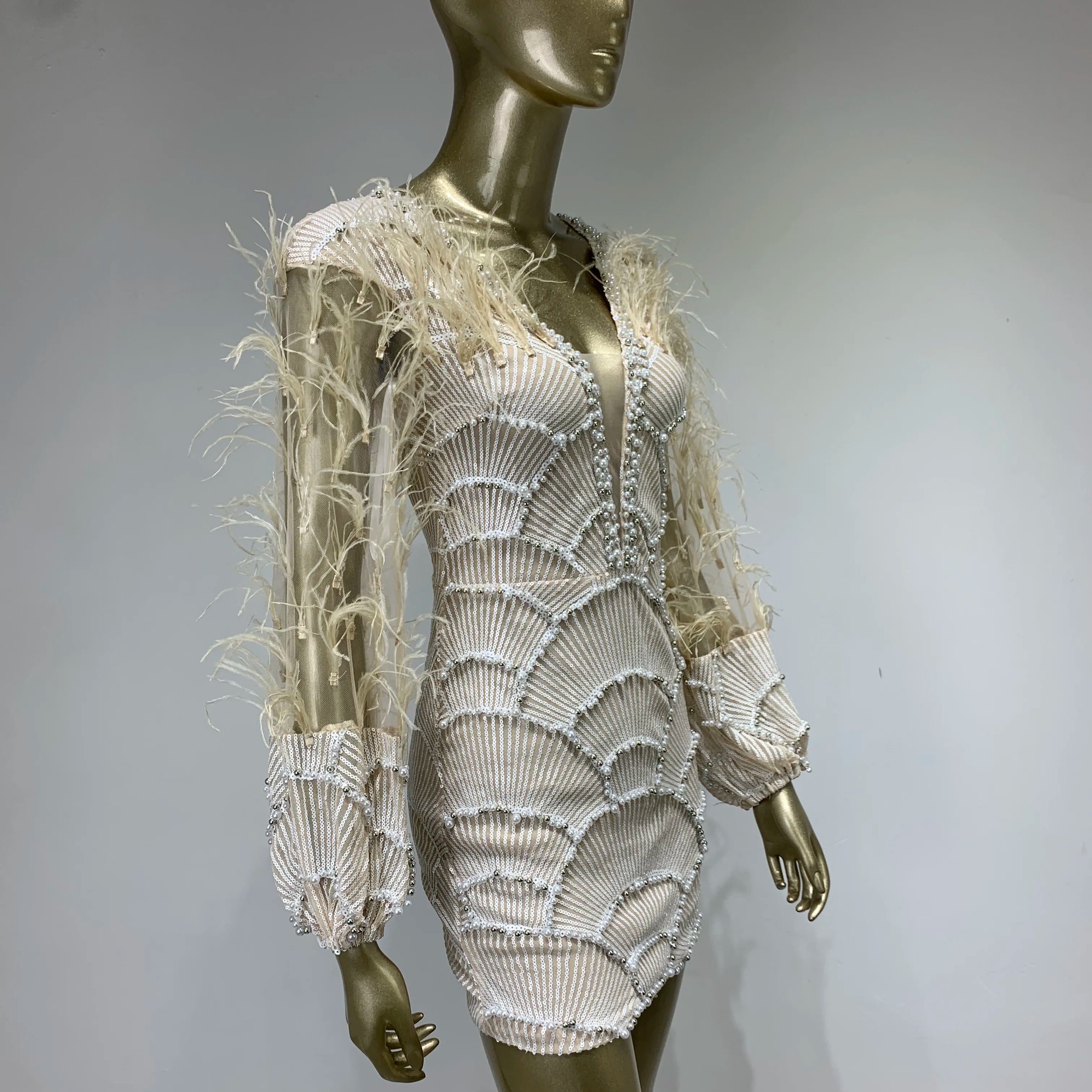 Women Summer Sexy Long Sleeve Beige Sequins Mesh Pearl Feather Mini Bodycon Gowns Dress 2023 Elegant Evening Party Club Dress