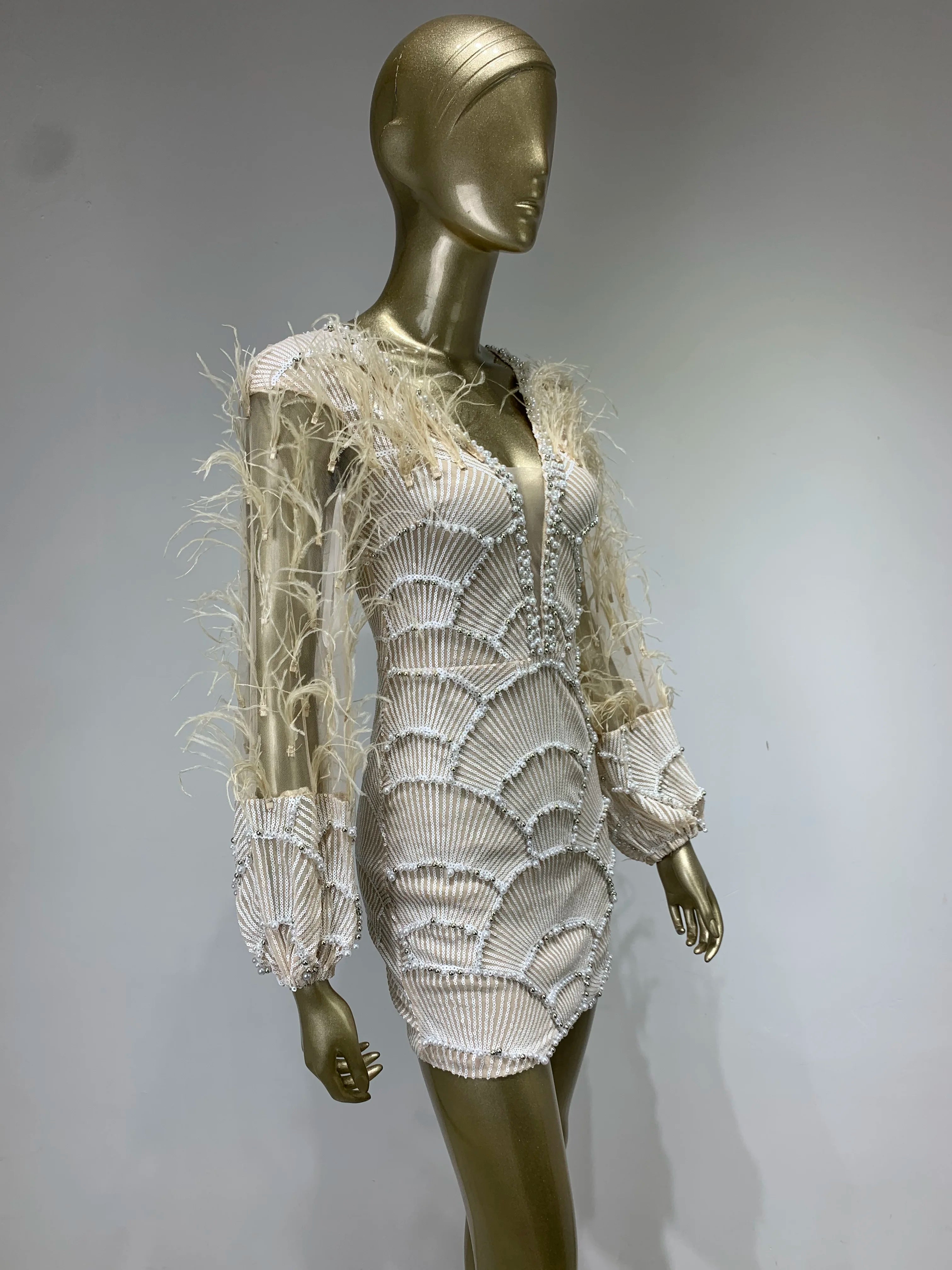 Women Summer Sexy Long Sleeve Beige Sequins Mesh Pearl Feather Mini Bodycon Gowns Dress 2023 Elegant Evening Party Club Dress