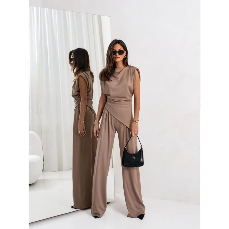 Plus Size New Women Fashion Solid Color O Neck Sleeveless Top + Pants Suit