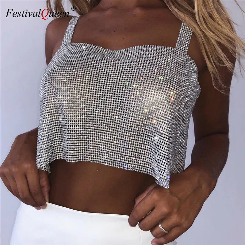 Bling Rhininestones Party Crop Top אופנה רצועות מוצקות ללא גב אחורי