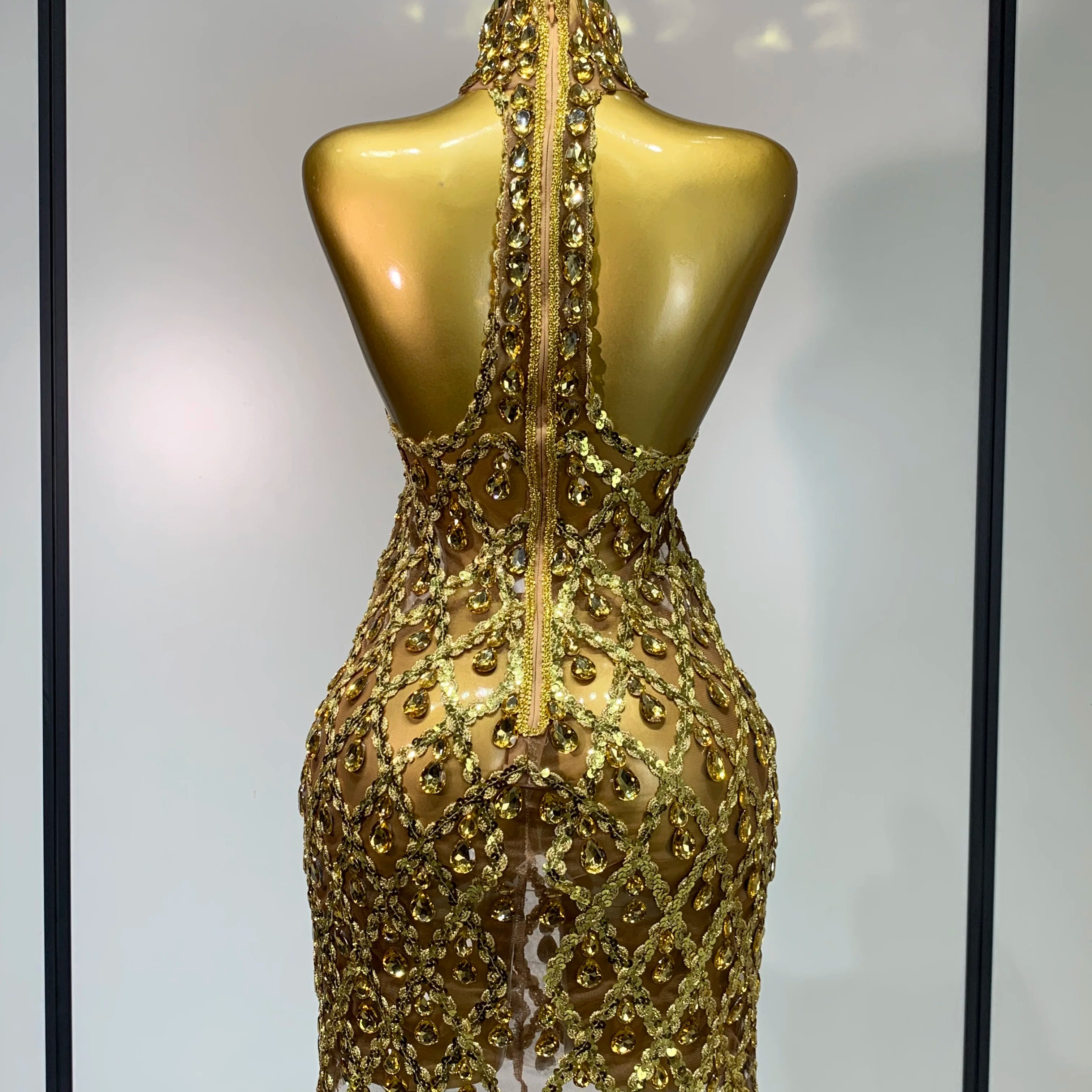 Women Sexy Stage Shining Rhinestone Sequins Dress Evening Prom Luxury Birthday Dress Transparent Performance Singer Club Dress